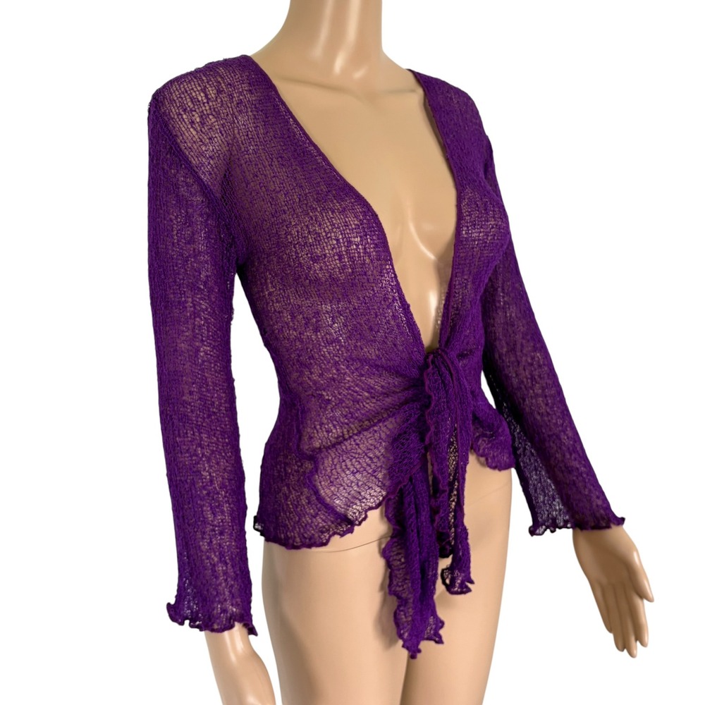 Y2K Purple Open Knit Tie Front Cardigan Sheer Lettuce Trim Ruffle Shrug Witchy